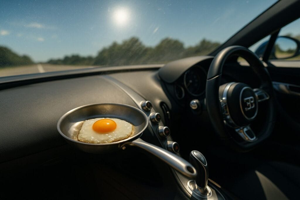 Landscape photo taken with a polarizer: an egg frying in a pan on the sun-heated dashboard of a Bugatti, cockpit controls and roadway blurred in the background
