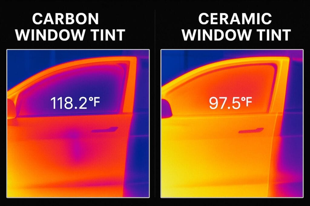 Thermal camera view comparing carbon window tint at 118 °F and ceramic window tint at 97 °F on identical car doors