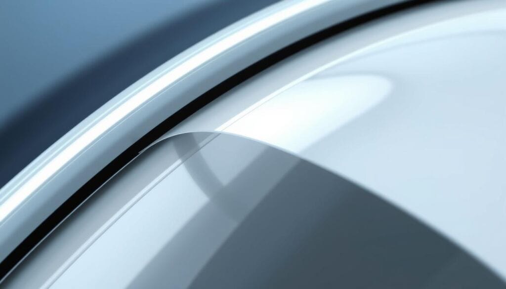 A close-up view of a meticulously crafted ceramic window tint film, showcasing its durable and resilient nature. The tint appears seamless, with a sleek, glossy surface that reflects the surrounding environment. Thin yet sturdy, the tint seems impervious to scratches, fading, or discoloration, even under intense sunlight. The lighting is soft and diffused, highlighting the textural details and the material's inherent strength. The composition emphasizes the tint's ability to withstand the elements, conveying a sense of long-lasting protection and reliability.