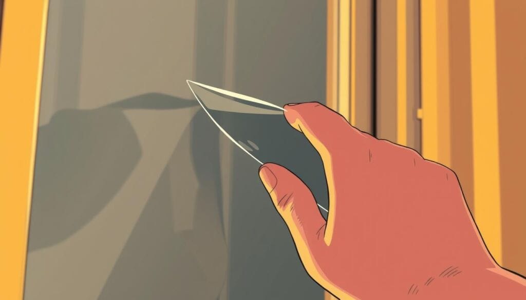 A close-up view of a person's hand carefully peeling off a layer of tinted window film, revealing the clear glass underneath. The window frame is visible in the background, providing context. Soft, warm lighting illuminates the scene, casting gentle shadows and highlighting the textures of the film and glass. The mood is focused and methodical, reflecting the delicate process of removing the tint. The image captures the step-by-step nature of the task, emphasizing the careful attention required to successfully peel off the tint without damaging the window.