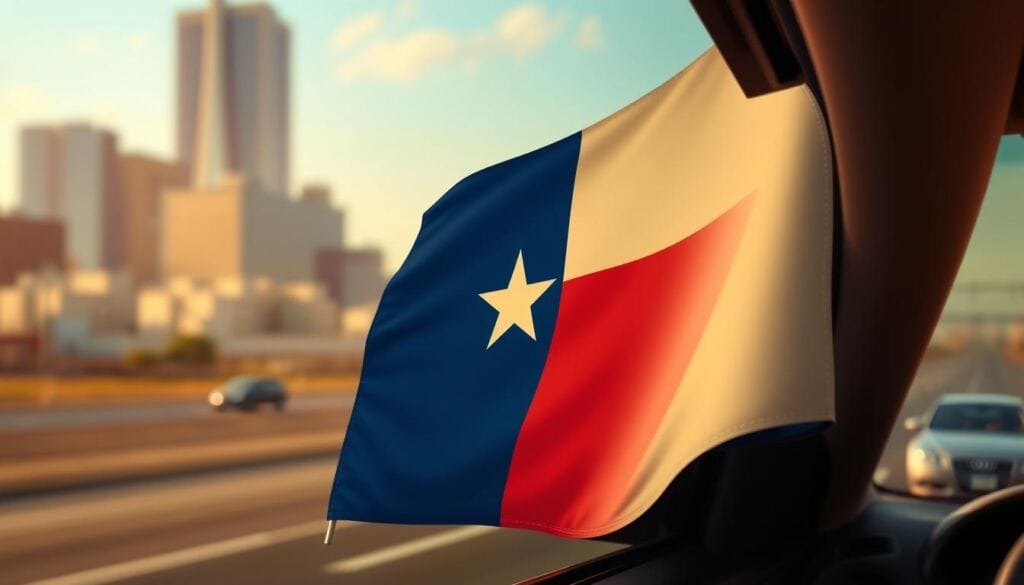 A crisp, clean digital illustration of the Texas state flag prominently displayed in the foreground, partially obscuring a close-up view of a car's side window. The window tint appears dark, casting a subtle tint over the flag. In the background, blurred city skyline and highway scenes evoke the urban environment of Texas. Warm, natural lighting illuminates the scene, creating a sense of authority and legality. The overall composition conveys the concept of Texas' window tint laws and regulations in a visually compelling and informative manner.