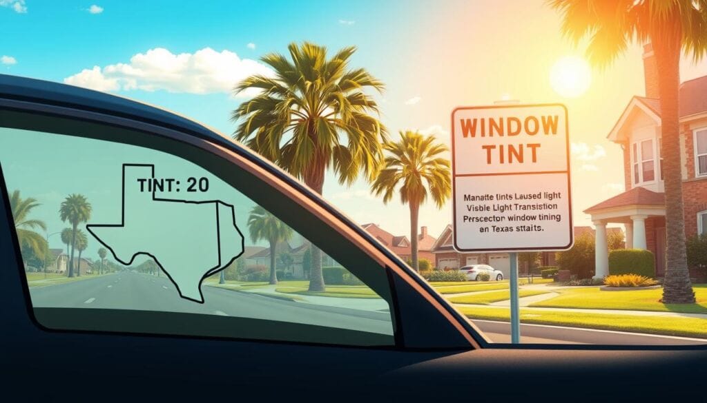 A detailed, realistic rendering of Texas state window tint laws, set against a backdrop of a sunlit suburban street. The foreground features a close-up of a car window, showcasing the precise tint levels and visible light transmission percentages mandated by Texas statutes. The middle ground depicts a road sign outlining the applicable window tint regulations, while the background portrays a typical Texas residential neighborhood, complete with palm trees and red-brick houses. The lighting should be natural and warm, creating a sense of authority and clarity around the legal information presented. The overall composition should convey a sense of informative accuracy, guiding the viewer through the intricacies of window tint compliance in the state of Texas.