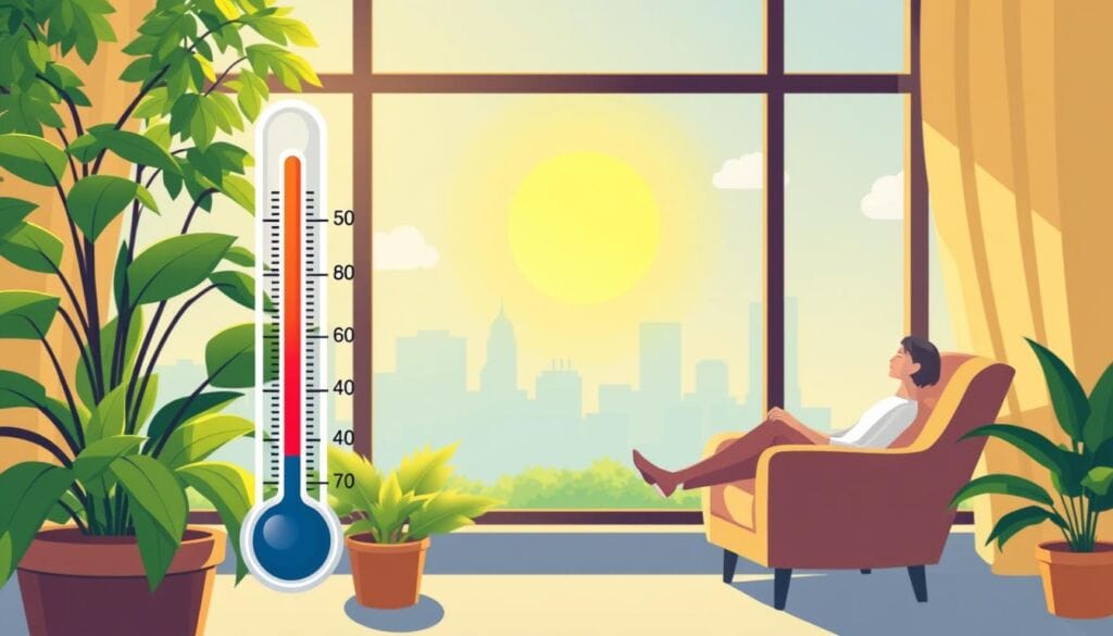 A sunny window with lush green plants, showcasing the benefits of window tint for heat. The tinted glass casts a warm, mellow glow, reducing harsh glare and filtering UV rays. In the foreground, a thermometer displays a comfortable, moderate temperature, highlighting the cooling effect of the tint. The middle ground features a person relaxing in a cozy armchair, enjoying the pleasant, ambient lighting. The background depicts a cityscape, emphasizing the practical application of window tint in urban environments. The overall scene conveys a sense of tranquility, comfort, and the tangible advantages of window tinting for heat management.