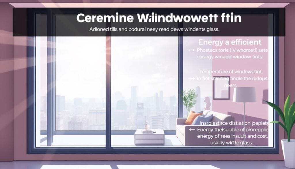 A well-lit, high-resolution image showcasing the key benefits of ceramic window tint. In the foreground, sunlight streams through a window with a ceramic film applied, highlighting the reduced glare and UV protection. The middle ground features a comfortable, modern interior setting with temperature-regulated furnishings, conveying the energy-efficient insulation properties. In the background, a cityscape or landscape is visible, demonstrating the aesthetic appeal and privacy enhancement of the tinted glass. The overall scene exudes a sense of tranquility, comfort, and cost-saving advantages of this advanced window tinting solution.