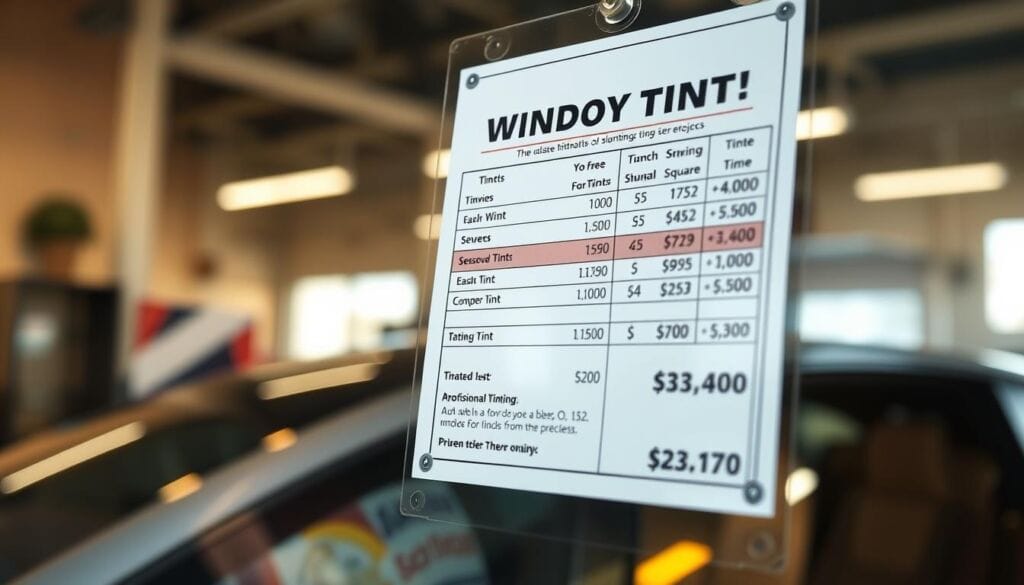 a high-quality close-up photograph of a window tinting price list displayed in a professional auto glass shop, shot with a shallow depth of field that focuses on the pricing details. The foreground shows the laminated price list with various window tint options and their corresponding costs per square foot, while the background is slightly blurred to create a sense of depth and draw the viewer's attention to the pricing information. The lighting is warm and natural, creating a inviting atmosphere that conveys the affordability and professionalism of the window tinting services offered.