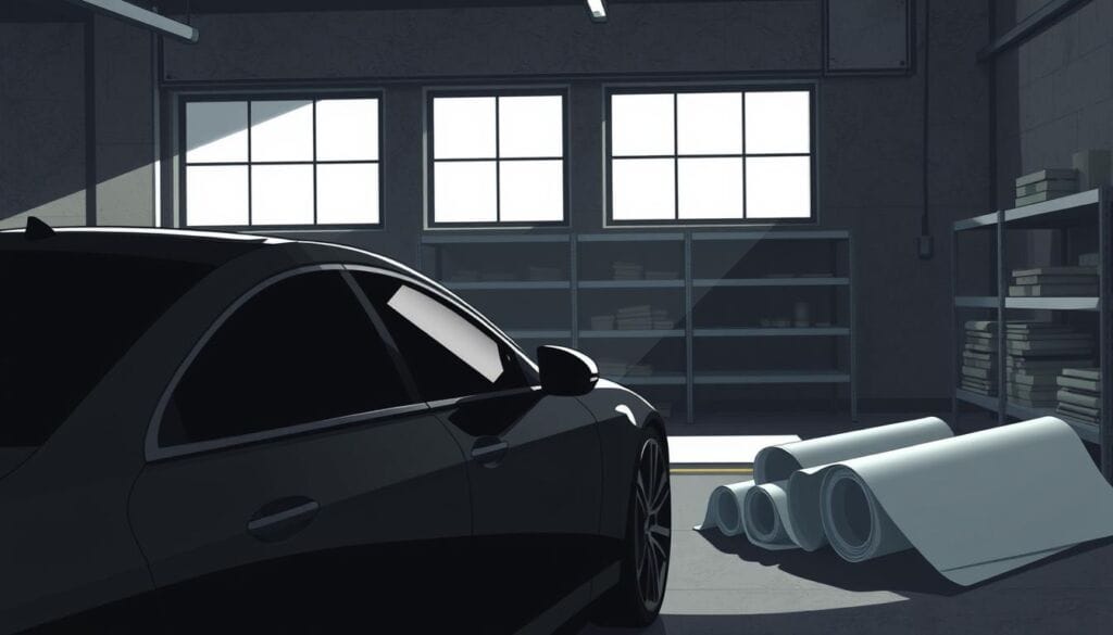 darkest window tint, a sleek and mysterious aesthetic captured in a dimly lit garage setting. In the foreground, a luxury sedan with its windows shrouded in inky blackness, the tint so deep it absorbs all light, creating an air of secrecy and exclusivity. The middle ground showcases the tools of the trade - a selection of high-performance tinting films, their matte finish hinting at their superior light-blocking capabilities. In the background, the concrete walls and metal shelves exude an industrial ambiance, complementing the utilitarian nature of the scene. Soft, directional lighting casts dramatic shadows, emphasizing the depth and texture of the materials. The overall atmosphere conveys a sense of precision, expertise, and the pursuit of the ultimate in window tinting perfection. darkest window tint, a sleek and mysterious aesthetic captured in a dimly lit garage setting. In the foreground, a luxury sedan with its windows shrouded in inky blackness, the tint so deep it absorbs all light, creating an air of secrecy and exclusivity. The middle ground showcases the tools of the trade - a selection of high-performance tinting films, their matte finish hinting at their superior light-blocking capabilities. In the background, the concrete walls and metal shelves exude an industrial ambiance, complementing the utilitarian nature of the scene. Soft, directional lighting casts dramatic shadows, emphasizing the depth and texture of the materials. The overall atmosphere conveys a sense of precision, expertise, and the pursuit of the ultimate in window tinting perfection.