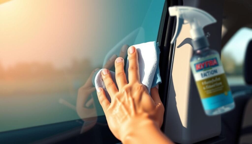 high-quality close-up photograph of a person's hand cleaning a car window with a microfiber cloth, using window tint cleaning solution. the window tint has a slight blue-tinted reflection visible. the hand is positioned in the center of the frame, with the window occupying the foreground and a blurred background of a car's interior. warm, natural lighting illuminates the scene, creating a soft, inviting atmosphere. the image conveys a sense of care and attention to detail in maintaining the window tint.