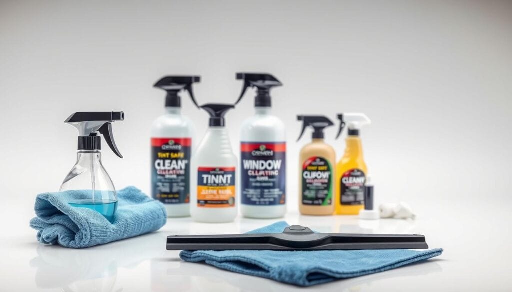 A well-lit, close-up view of a variety of professional-grade window tint cleaning supplies arranged neatly on a clean, minimalist surface. In the foreground, a microfiber cloth, spray bottle, and squeegee are positioned prominently. The middle ground features a selection of tint-safe cleaning solutions and applicators. The background has a neutral, out-of-focus backdrop, allowing the cleaning products to take center stage. The lighting is soft and even, highlighting the textures and details of the items. The overall mood is one of efficiency, organization, and attention to detail, conveying a sense of the proper techniques for maintaining high-quality window tint.