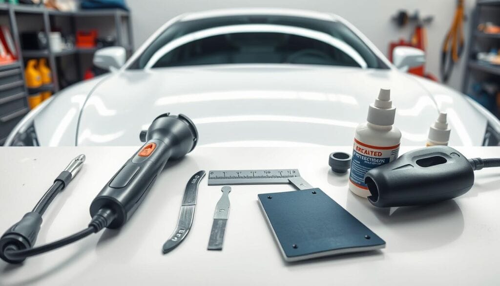 A clear, well-lit image featuring a set of paint protection film (PPF) removal tools arranged meticulously on a clean, white workbench. The foreground showcases a heated PPF removal tool with a sleek design, a set of precision razor blades, and a bottle of adhesive remover, reflecting the tools' metallic and glossy surfaces. In the middle ground, a soft-focus view of a car hood partially covered with PPF, hinting at the task at hand. The background includes subtle shelving with additional car care supplies, hinting at a professional detailing garage. The lighting is bright and even, creating a clean and organized atmosphere, while the angle captures a top-down view of the tools, enhancing the professional, instructional vibe.