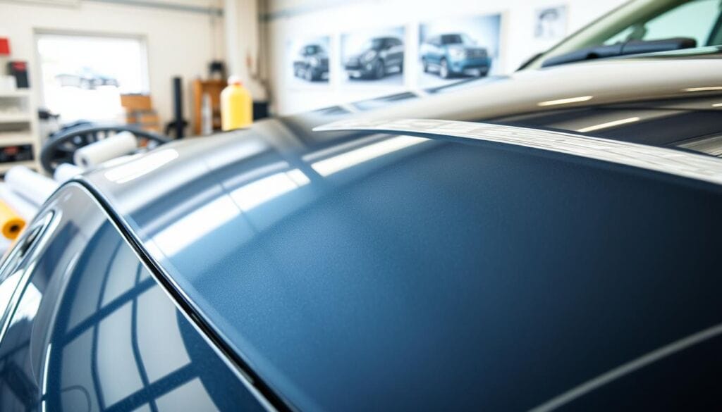A close-up view of a glossy car surface, highlighting sections protected by transparent paint protection film. The foreground features an elegant vehicle parked in a well-lit garage, capturing the reflections of the surroundings on the car's surface. The middle ground includes a variety of tools and materials used in the application of paint protection film, such as rolls of film, squeegees, and cleaning supplies, arranged artistically. In the background, soft-focus images of cars with and without protective film create a subtle comparison. The overall lighting is bright yet soft, emphasizing the clarity and glossiness of the film, contributing to a professional, informative atmosphere that piques curiosity about misconceptions regarding paint protection film.