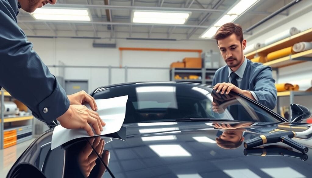 A professional automotive technician in business attire carefully applying paint protection film to a sleek, high-end car in a well-lit, modern workshop. The foreground shows detailed hands meticulously smoothing out the film on the car's surface, emphasizing precision and craftsmanship. In the middle, the car gleams under bright overhead LED lights, showcasing its glossy finish, while tools such as a squeegee and heat gun are neatly arranged nearby. The background features shelves with rolls of various films and tools, conveying an organized work environment. The atmosphere is focused and professional, highlighting the importance of the installation process with a clean, airy feel. The angle captures the technician's focused expression as they work, ensuring a flawless finish without distractions.