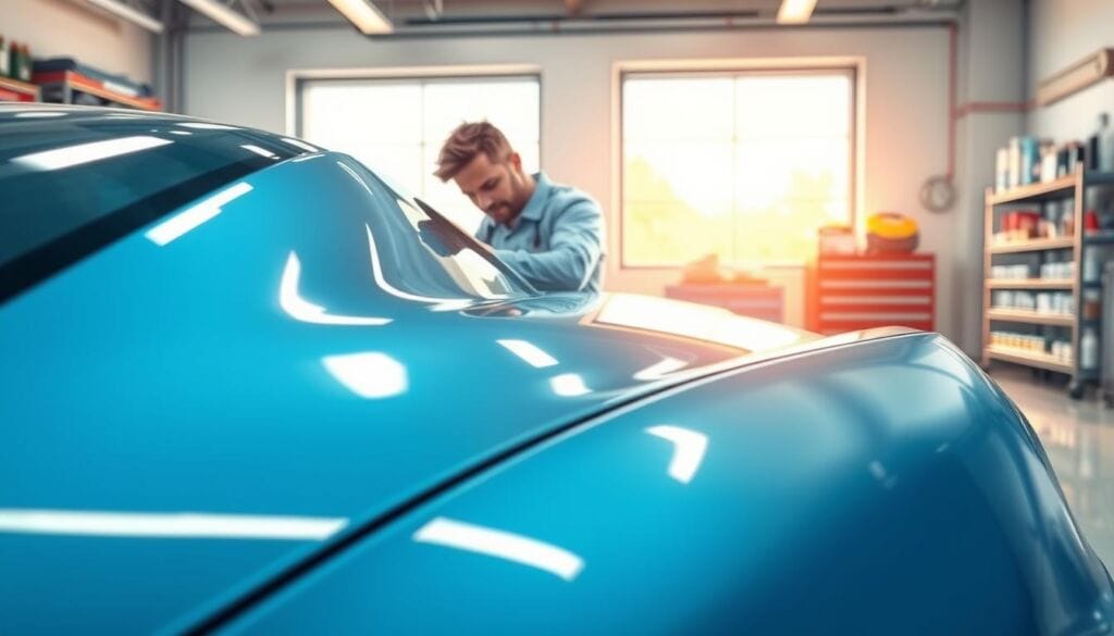A sleek, modern car covered with a shiny, transparent paint protection film, showing off its polished surface and vibrant paint color. In the foreground, a close-up view reveals the detailed texture of the film, highlighting its glossy finish and protective features. The middle-ground features a mechanic carefully applying the film, dressed in professional attire, with focus and precision on his work. In the background, a well-lit, organized garage setting showcases tool racks and shelves filled with car care products, emphasizing a professional atmosphere. Soft, natural lighting filters through a large window, creating a warm and inviting mood, while capturing reflections on the car's surface that demonstrate the film's effectiveness. The overall scene conveys the value and benefit of investing in paint protection film.