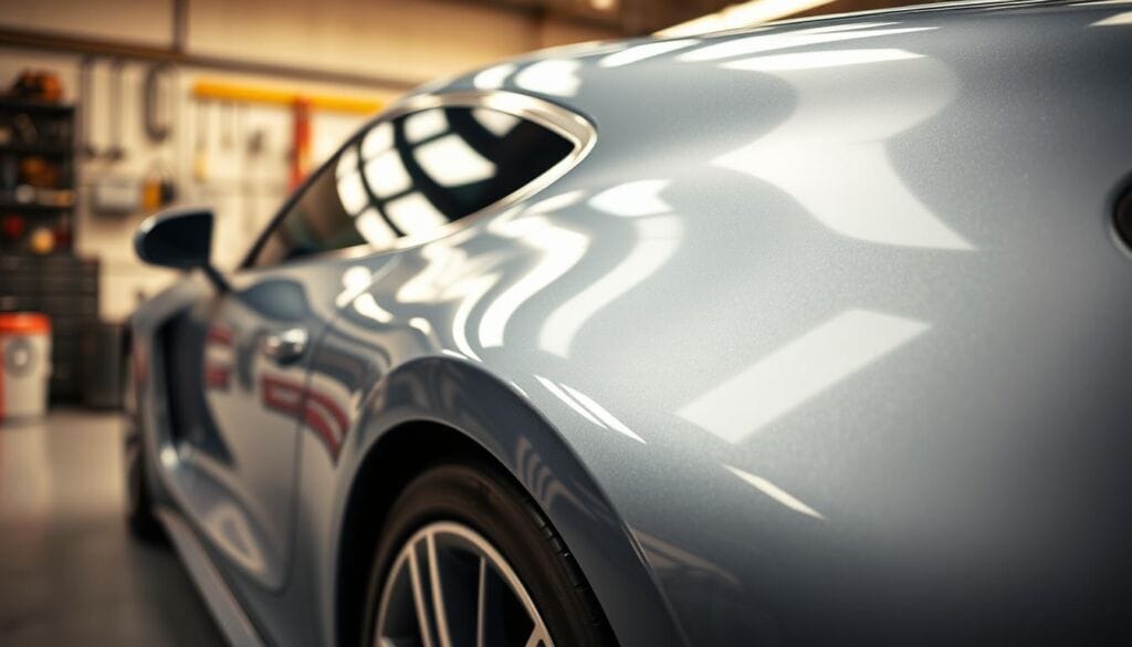 A sleek, modern car partially wrapped in a clear paint protection film, showcasing its glossy paint. In the foreground, a close-up view of the film's surface reveals its crystal-clear texture, with reflections of light creating a shimmer effect. In the middle ground, the car's body subtly shines, highlighting the contrast between the protected and unprotected sections. The background features a soft-focus automotive workshop environment with tools and equipment, bathed in warm, natural lighting, enhancing the professional atmosphere. Capture the image from a low angle to emphasize the car's sleek profile, conveying a sense of sophistication and innovation that aligns with the benefits of paint protection film. Aim for a smoothly blended and visually appealing composition.