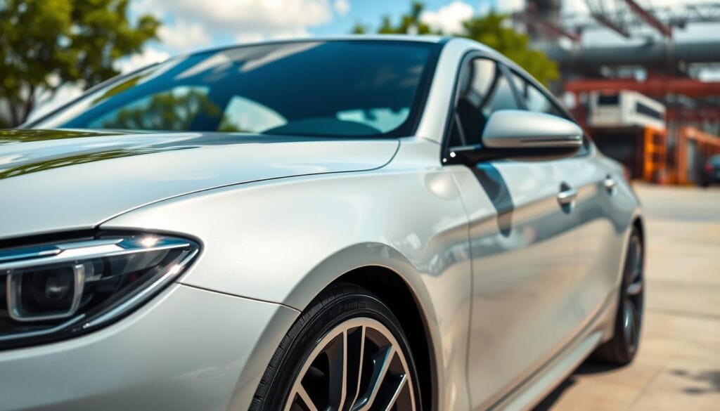 A sleek, modern car partially wrapped in clear paint protection film, showcasing the glossy finish of both the wrapped and unwrapped sections. In the foreground, highlight the glossy texture of the film, focusing on reflections of light and the smooth surface, capturing the essence of high-quality paint protection. The middle ground features a vibrant outdoor setting with trees and an open sky, providing a natural backdrop that signifies protection against the elements. In the background, a blurred industrial area hints at the challenges cars face, like debris and harsh weather. Use soft, diffused lighting to create an inviting atmosphere, with the lens angle slightly tilted upward, emphasizing the car’s contours. The mood is professional and polished, reflecting the benefits of paint protection film.